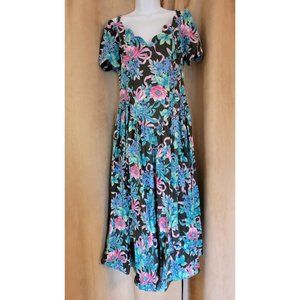 Vintage Expo Floral Dress Off Shoulder Blue Pink Black Size 10